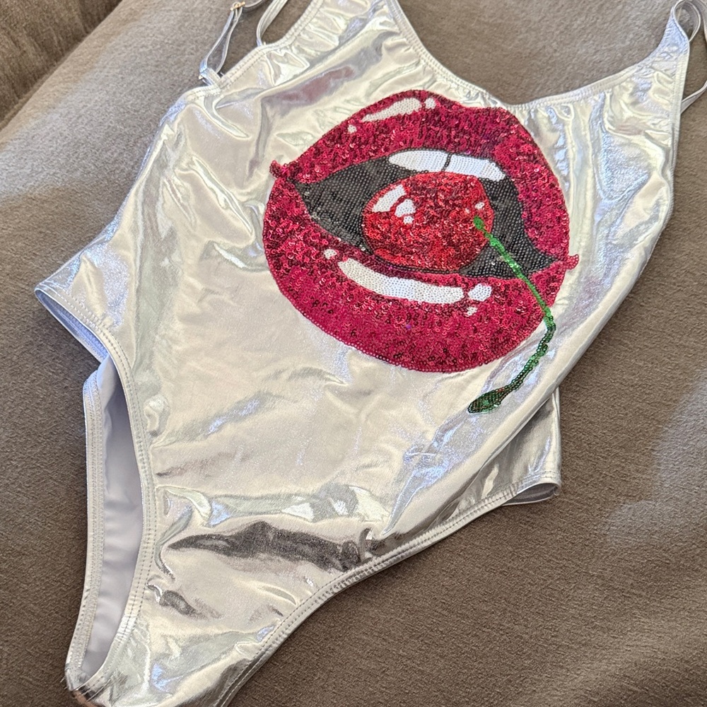 NWT Silver metallic Sequin Lips with cherry One Piece